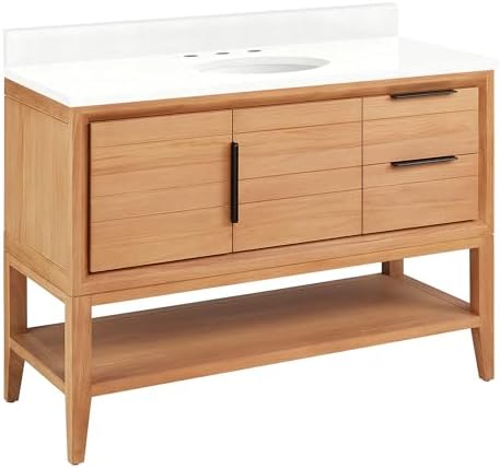 Signature Hardware 955226-48-um Aliso 48" Console Teak Single Basin Vanity Set with Cabinet, Vanity Top, and Oval Undermount Sink - 8" Faucet Holes - Natural Teak/Feathered White