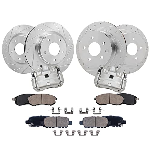 Image of Detroit Axle - Front & Rear Drilled Rotors Ceramic Brake Pads + Front Brake Calipers Replacement for 2007-2010 Nissan Altima - 10pc Set