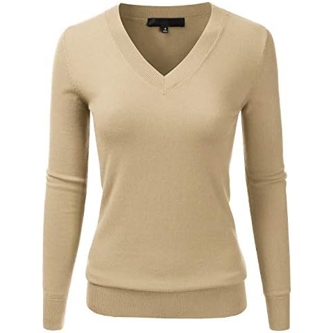 EIMIN Women's Long Sleeve V-Neck Slim Fit Pullover Soft Knit Top Sweater Taupe XL Cover