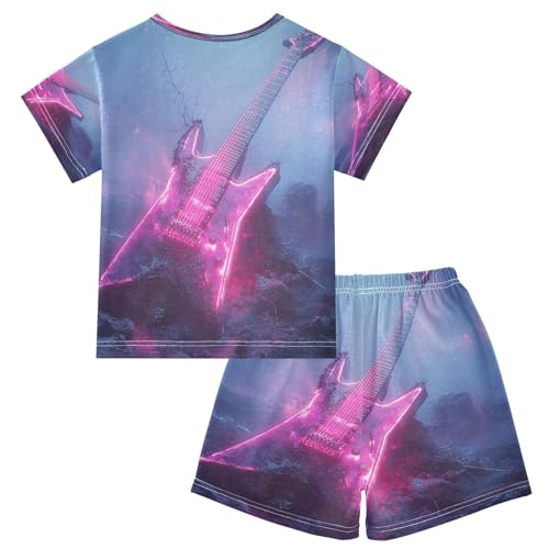 Pajama Sets Short Sleeve Glowing Electric Guitar Artwork Soft Cotton Summer Sleepwear 2 Piece PJS Size 5-14T2