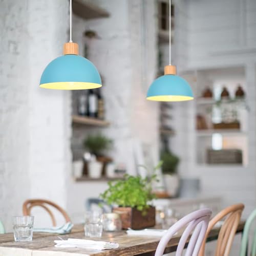 iDEGU Set of 2 Retro Pendant Light Fixtures E27 Ceiling Light Modern Scandinavian Style 25cm Hemisphere Hanging Lampshade Metal Wood Pendant Light for Bedroom Dining Room Kitchen Restaurant (Blue) - Image 3