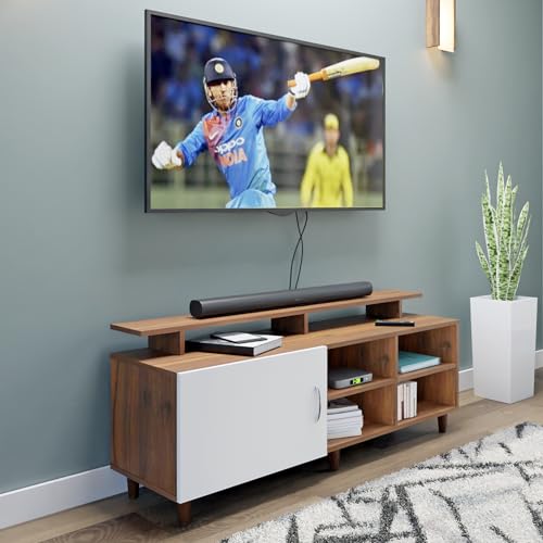 Image of VIKI Modern TV Unit for Living Room | Engineered Wood TV Cabinet with 1 Door Storage, 2 Open Shelves & Extension, Entertainment Unit, 140W x 48H x 40D cm | DIY | 1 Year Warranty (Walnut & White)
