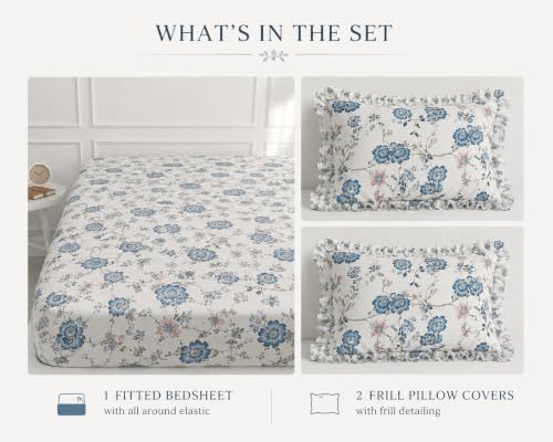 Image of Blue Strip Floral Fitted Bedsheet Set, White and Blue, 182 x 198 cm, with 2 Frill Pillow Covers, Double /Queen /King Bed