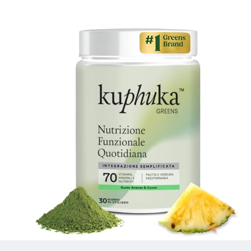 KUPHUKA GREENS - Polvere Super Greens (411g) con +70 estratti vegetali, supercibo, vitamine, minerali, probiotici, spirulina, Ashwagandha, clorella - 100% naturale (411gr, Ananas e Coco)