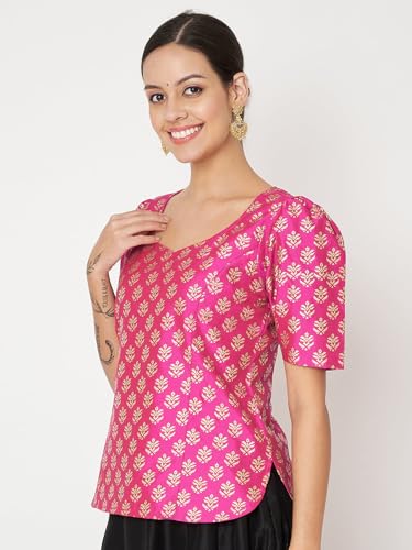 Image of studio rasa Women's Silk Blend Hand Block Printed Top for Wedding Festive Party