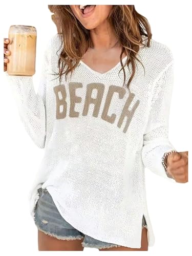 Image of Verdusa Women's Beach Cover Up Sweaters Letter Print Long Sleeve Crochet Crew Neck Knit Sweater Summer Tops