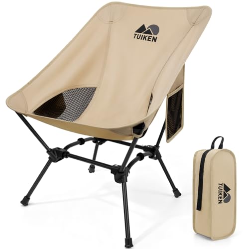 TUIKEN Ultralight Camping Chair Backpacking Chair, Portable Camp Chair with Cup Holder & Storage Bag, Lightweight Compact Folding Chair for Hiking, Travel, Picnic Mountaineering (Light Brown)