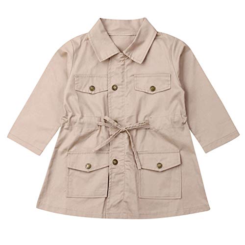 Image of Pudcoco Kids Little Girls Lapel Single Breasted Trench Coat Jacket with Pockets and Drawstring (6-7T, Khaki)