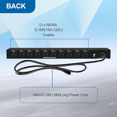 Image of 1U Horizontal PDU 19 inch Rack Mount Power Strip - Surge Protector | For Network Servers, 10 NEMA 5-15R Outlet, 120V 15A, 3600 Joules, Heavy-Duty 6 ft Cord