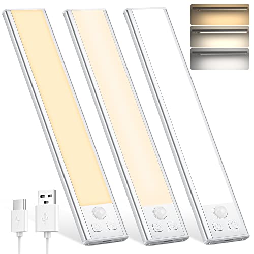 Image of Under Cabinet Lights Motion Sensor 3 Color Temperatures LED Closet Light, USB-C Rechargeable Under Counter Lights Night Light for Kitchen, Wardrobe (Silver - 3 Color, 8.07 Inch - 3 Pack)