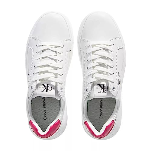 Calvin Klein Jeans Baskets Femme Semelle Épaisse Chunky Cupsole Laceup Chaussures, Blanc (White/Raspberry Sorbet), 41