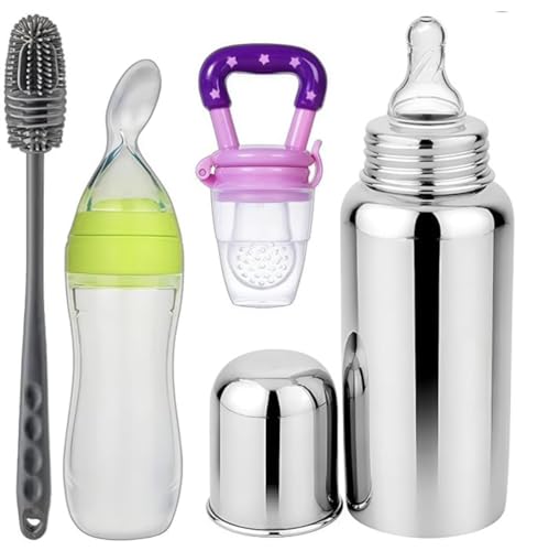 Image of Baby Feeding Combo Set | 4 in 1 Baby's Feeder Bottle, Food Feeder, | Newborn Baby Essentials Kit | BPA Free, Safe & Easy to Clean (Steel Bottle, Spoon Feeder & Fruit Nibbler) (Blue) Pack of -4