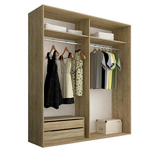 duehome | Armario de 2 Puertas Correderas, Armario Doble, Modelo Uniq 180, Acabado en Cambria y Blanco, Medidas: 180 cm (Largo) x 207,6 cm (Alto) x 55 cm (Fondo)