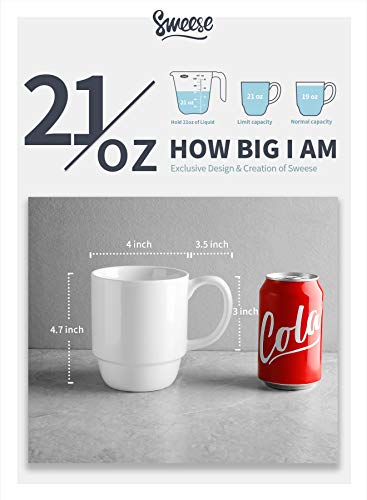Sweese 21 Oz Large Mug Set, Porcelain Stackable Mugs Sets of 6, Coffee Cups with Handle for Coffee, Tea and Mulled Drinks, White - Image 3
