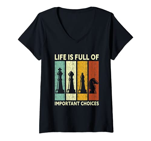 Womens Vintage Chess Player Shirt Life Is Full Of Important Choices V-Neck T-Shirt, Black