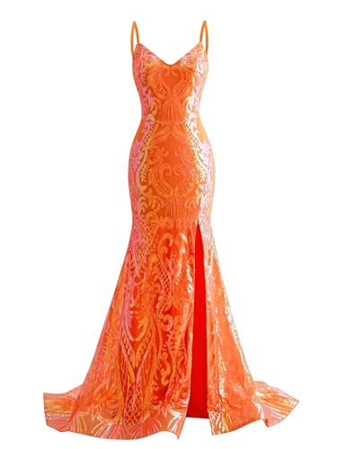 RATALA V Neck Mermaid Prom Dresses Sparkly Long Sequin Pattern Formal Evening Dress Orange 14