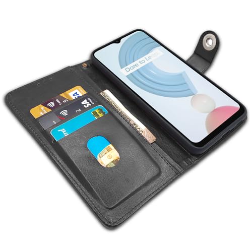 Image of Pikkme Realme C21y Flip Cover Leather Finish | Inside TPU with Card Pockets | Wallet Stand and Shock Proof | Complete Protection Button Flip Case (Black)