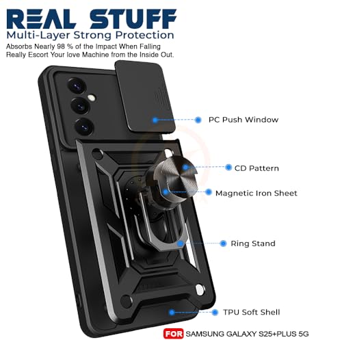 Image of Armor Bumper Back Cover Case for Samsung Galaxy s25 Plus 5g Rotating Camera Cover, Ring Holder & Kickstand | Heavy Duty & 360 Degree Protection Samsung Galaxy s25 Plus 5g Back Cover (Black)