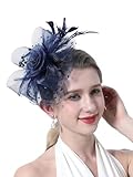 fghuim Women's Organza Church British Bridal Tea Party Wedding Hat Feather Hair Clip Fascinators Hat (Navy Blue)