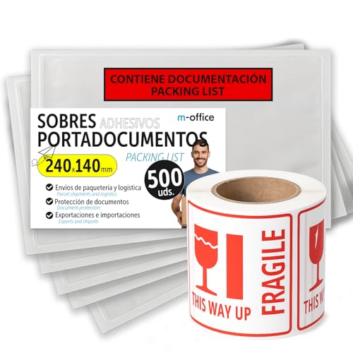 Buste Portadocumenti Adesive 240x140mm, Packing List, Buste Trasparenti per Spedizioni, Fatture, Bolle di Consegna e Documenti, Impermeabili con Forte Adesione - m-office (500 pezzi + Rotolo Fragile)