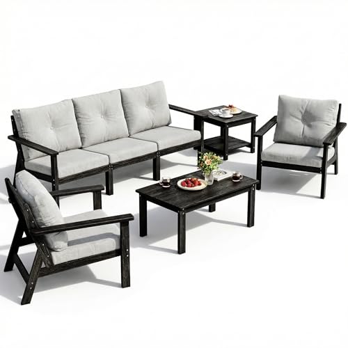 PamapicLife 7-Piece HDPE Patio Furniture Set, Outdoor Sectional Sofa Set,All Weather Outdoor Couch with Dust-Free Cushions, Durable Patio Conversation Sets for Balcony, Porch, Black