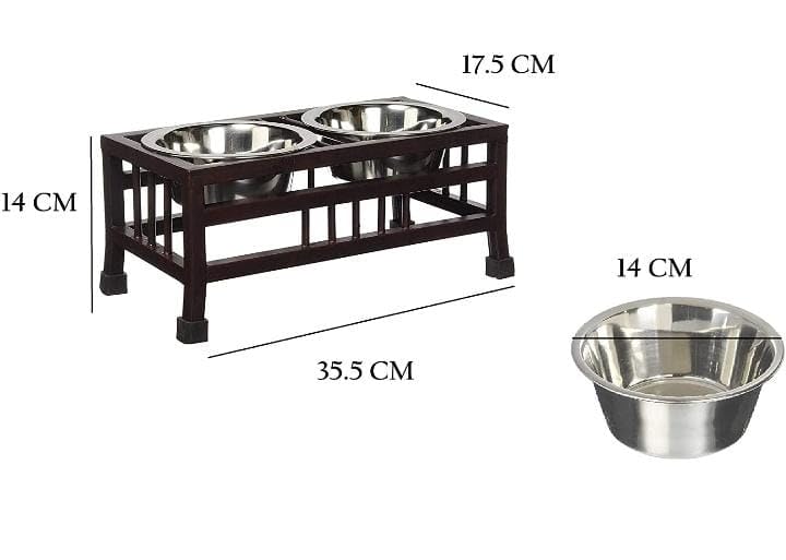JA Handicrafts Pets Double Elevated Stainless Steel Bowl Non-Slip Iron Stand Feeding and Watering Feeder for Puppies and Small Dogs - 900 ML (36 x 17.5 x 14 cm) 1
