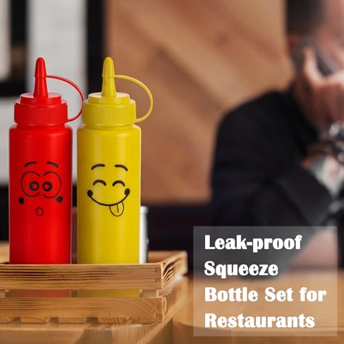 Image of 30 Pack 8 oz Condiment Squeeze Bottles Bulk Ketchup and Mustard Squeeze Bottles with Leak-proof Cap Smile Face Plastic Ketchup Dispenser Set for Kitchen Restaurant BBQ Grill Syrup Oil Salad Sauces