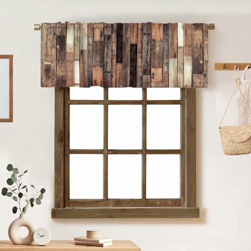Rustic Wooden Barn Door Valances Curtains Wood Plank Brown Barnwood Western Country Style Lodge Farmhouse Short Curtain Valance for Kitchen Bathroom Decor with Rod Pocket, One Panel 54X18 Inches