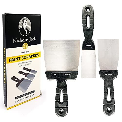 Nicholas Jack Paint Scraper Tool Set – Pack of 3 Wallpaper Scraper and Putty Knife Set, Flexible and Stainless-Steel Metal Scraper for Walls