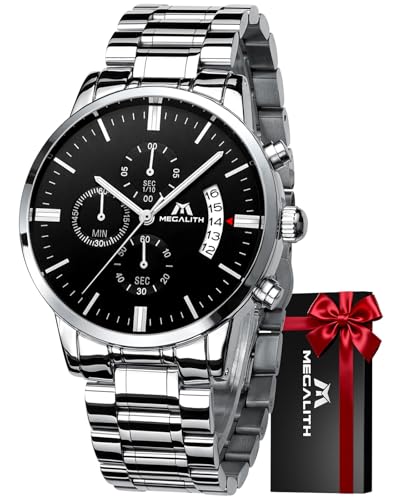 Imagen de MEGALITH Reloj Hombre Cronografo Acero: Plateado Relojes de Pulsera Analógico Cuarzo Luminoso Fecha Diseñador Reloj Elegante Regalo para Hombre
