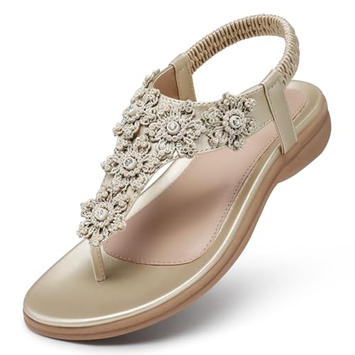 Image of TEMOFON Sandals for Women Flat Dressy Summer Flower Sandals with Ankle Strap Comfortable Casual Walking Flat Sandals Size 5-11