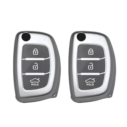 Image of SIAGO TPU Key Cover and Metal Keychain Compatible for Hyundai i 20, Xcent,Verna Flude 3 Button Flip Smart Key Cover (Grey Pack of 2)
