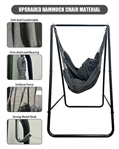 Hammock Chair Stand, Hammock Chair With Stand Including Large Hanging Indoor Swing With 2 Cushions, Hammock Swing Chair With Stand, Max 450 Lbs For Indoor, Outdoor, Patio, Yard (Grey) #TOP2