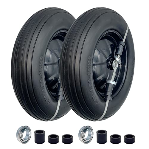 2-Pack of 4.80/4.00-8 Flat Free Tire on Wheel 16Universal Solid Wheel Barrel Tire 3-6Center Hub with 5/8 or 3/4 Ball Bearing Steel Rim Ribbed Tread for Wheelbarrows Garden and Utility Carts