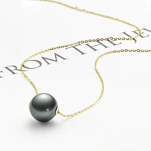 Black Pearl Necklace For Women, 10-11Mm Tahitian Seawater Cultured Round Floating Pearl Pendant With 18K Gold 18" Chain - Birthday Anniversary Christmas Jewelry Gift For Wife Mom - Yellow Gold #TOP2