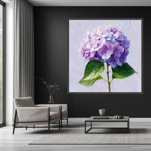 Hortensia violette sur toile pour masquer mur vide tableau 70x70
