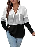 COZYEASE Women's Plus Size Colorblock Half Zip Hoodies Ribbed Knit V Neck Long Sleeve Pullover Sweater Multicolor 0XL