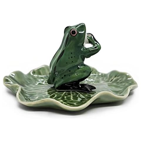 BestySuperStore Tiny 2" High Dark Green Frog On 4" Wide Lotus Leaf Incense Holder - Ceramic Incense Stick Ash Tray Porcelain Miniature Handmade Animals Figurine Display Cute Mini Colorful Décor Gift Cover