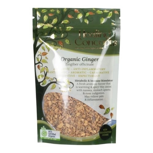 Healing Concepts Organic Ginger Cut 50g – Certified Organic Dried Ginger Root Pieces, Premium Herbal Tea & Culinary Spice, Natural Aromatic Ingredient, Caffeine Free, Vegan Friendly, Non-Irradiated Botanical