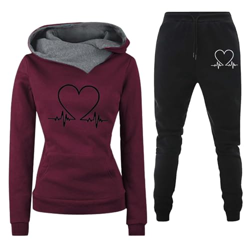 Donna Tuta Sportiva Set Stampa Forma di Cuore Maniche Lunghe Felpa con Cappuccio e Jogging Pantaloni Autunno Invernale Abbigliamento Cotone Elegante Fitness Completo Sportivo Tuta Ginnastica 2 Pezzi