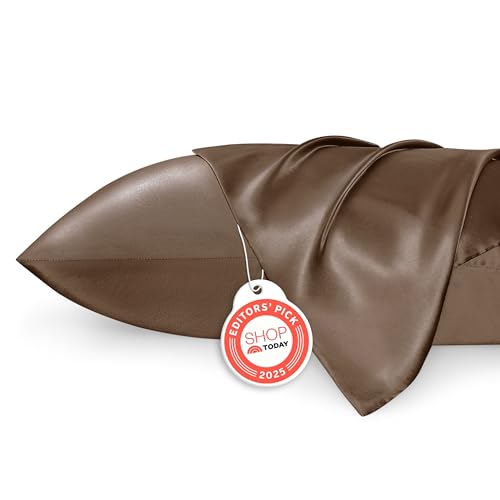 Image of Bedsure Satin Pillowcases, Similar to Silk Pillow Cases Queen Size Set of 2, Pillow Case for Sleeping Women with Envelope Closure, Gifts for Women Men, Brown, 20x30 Inches, 2pcs
