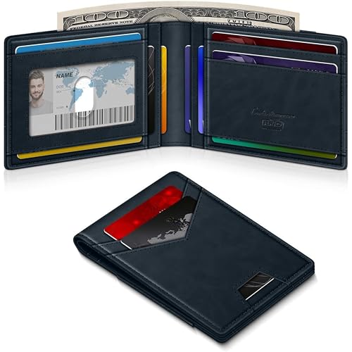 Image of Contacts Slim Leather Bifold for Men | RFID Blocking Card Holder with ID Window | Holds 13-17 Cards, Large Cash Slot | Thin Minimalist Front Pocket Design | Gift for Men (Blue)