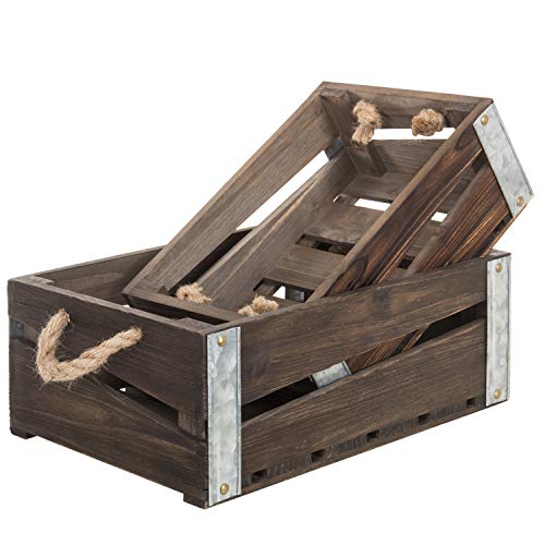 MyGift Rustic Brown Wood Nesting Storage Crates with Rope Handles, Open Top Storage
