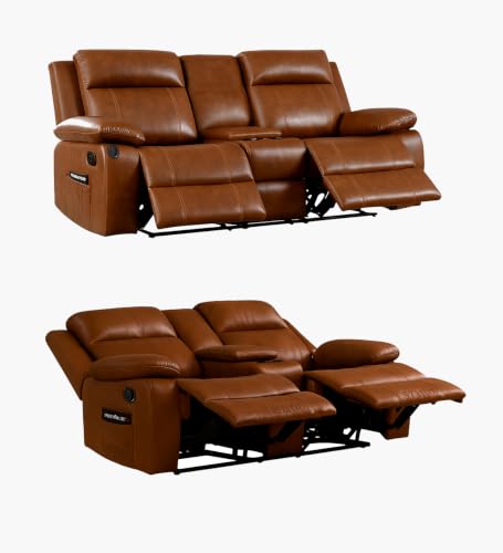 Image of LEZINO Faux-Leather Recliner Chair for Home, Brown (Two Seater Recliner with Console Box, Tan Brown)