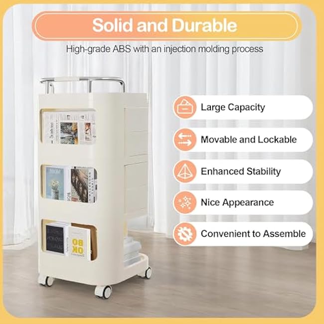 3 Tier Storage Cart, Movable Utility Storage Cart Rolling Utility Cart with Drawers Storage Rack with Wheels Mobile Trolley Cart for Homes, Office, Libraries, Restaurants (Cream Color)-iHS3dLPW