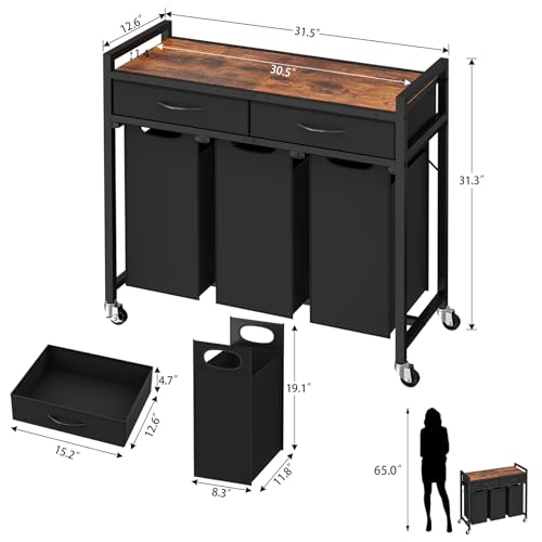 Laundry Sorter 3 Section, Laundry Hamper with 2 Drawers & 2-tone top panel, 120L Rolling Laundry Basket Organizer, Pull-Out Removable Oxford Fabric Bags for Laundry Room Organization UNZYL006B