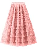 COZYPOIN Girls Tulle Skirts Elastic High Waisted A Line Layered Ruffles Mesh Long Tiered Tutu Skirt Party Outfit 5-14Y Pink