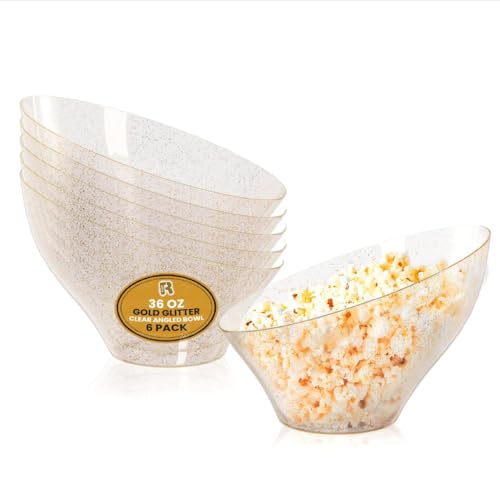 R-kay 6 Pack Gold Glitter Angled Candy Bowls - Large Gold Plastic bowls - Premium Plastic Serving Bowls Heavy Duty For Weddings Catering, parties, And All Occasions.