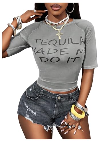 Image of RoseSeek Women's Sheer Mesh Letter Graphic Tees Short Sleeve Crew Neck Y2K Vintage Summer Going Out Crop Tops