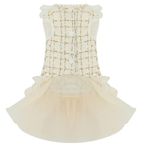 Dog Plaid Dress Lace Tulle Tutu Princess Skirt With Pearls Accessory For Small Girl Dogs Christmas Holiday Wedding Birthday Party (White, M) #TOP1